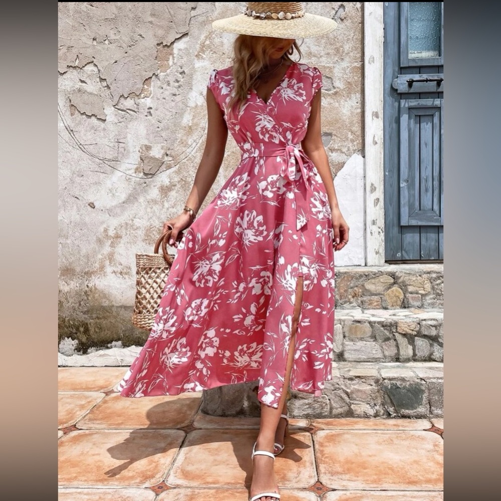 Boho pink floral print wrap dress - Picture 6 of 10